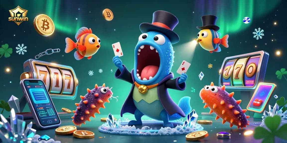 Sunwin showcases a dynamic scene with unique sea creatures performing a magical act, highlighting the excitement of online gambling.