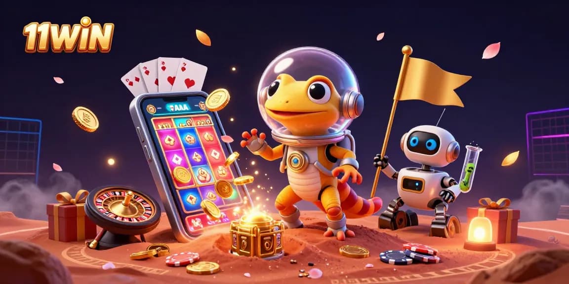 11WIN Martian gecko explores a buried casino with robot sidekick in vibrant 3D scene.