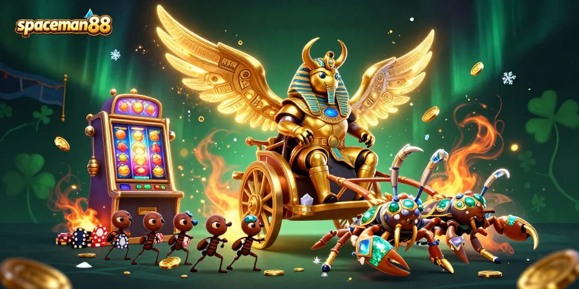 Engage with spaceman88's dynamic 3D slots scene featuring a golden scarab and vibrant casino elements.