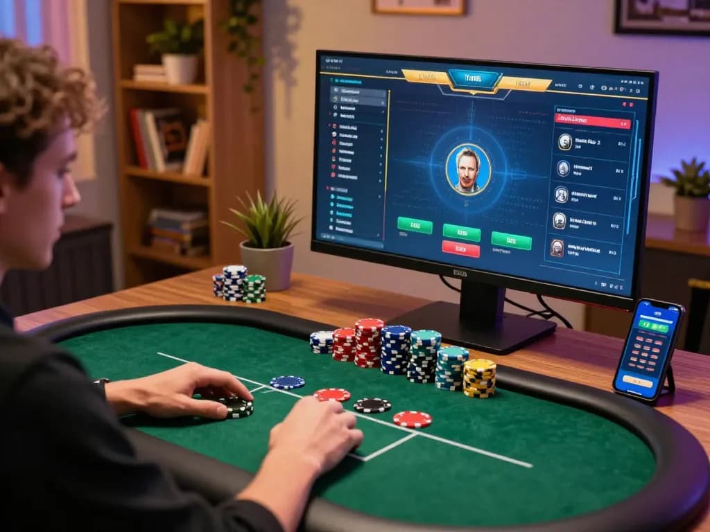 Player engaging in online poker at home, emphasizing gamebaidoithuong8 strategy for better odds.