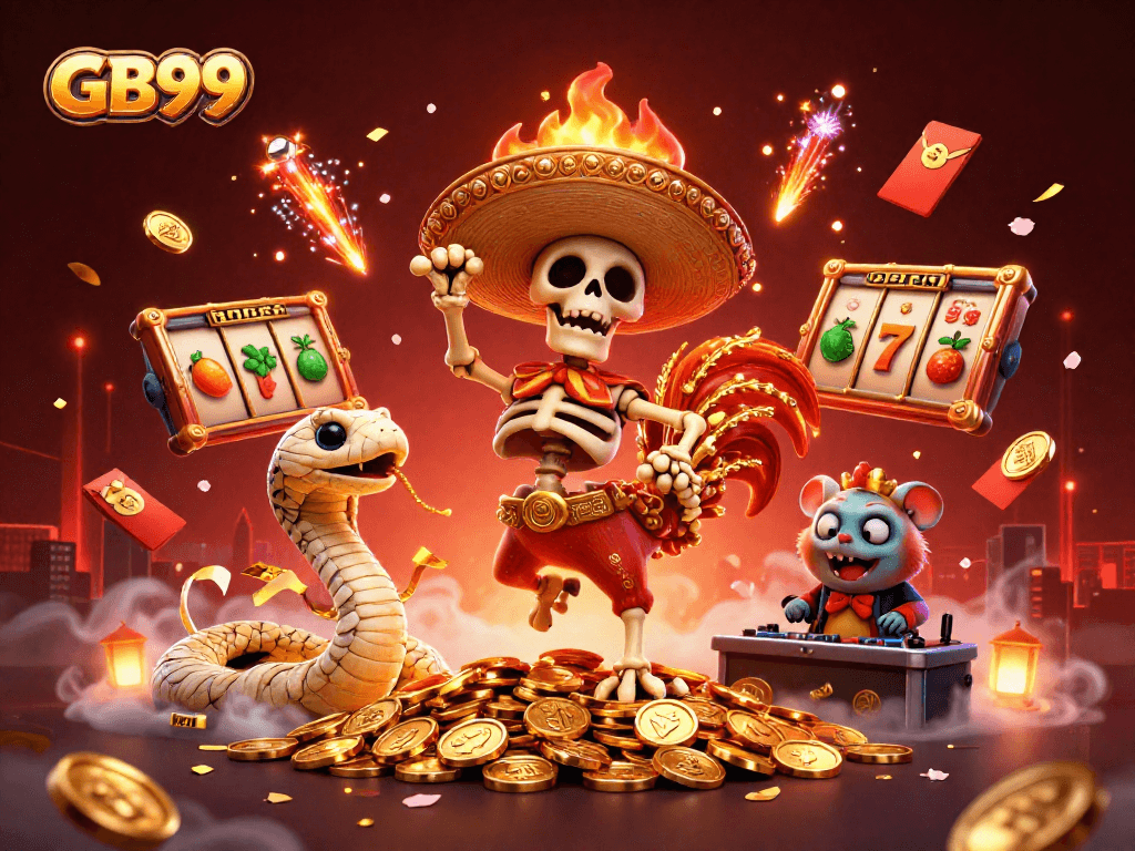Experience the festive atmosphere of GB99 with victorious characters celebrating on golden coins in a vibrant scene.