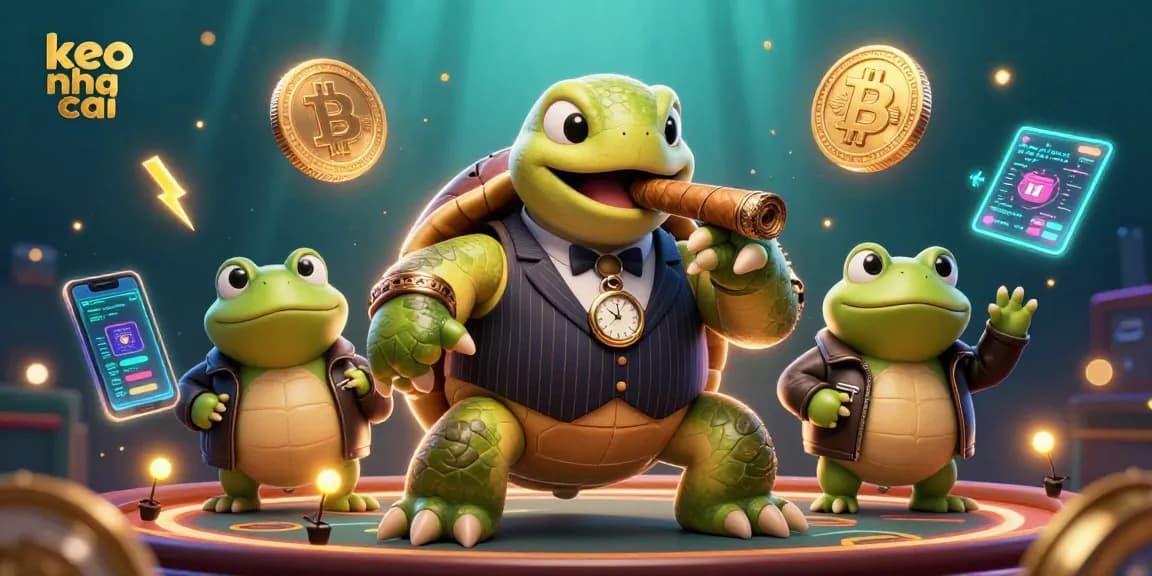 Engage with keo nha cai in a vibrant 3D scene featuring a turtle mobster and bullfrog enforcers.