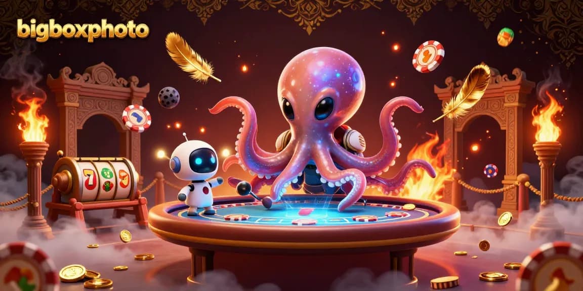 Engage with bigboxphoto's vibrant casino scene featuring an alien octopus and excitement of poker.