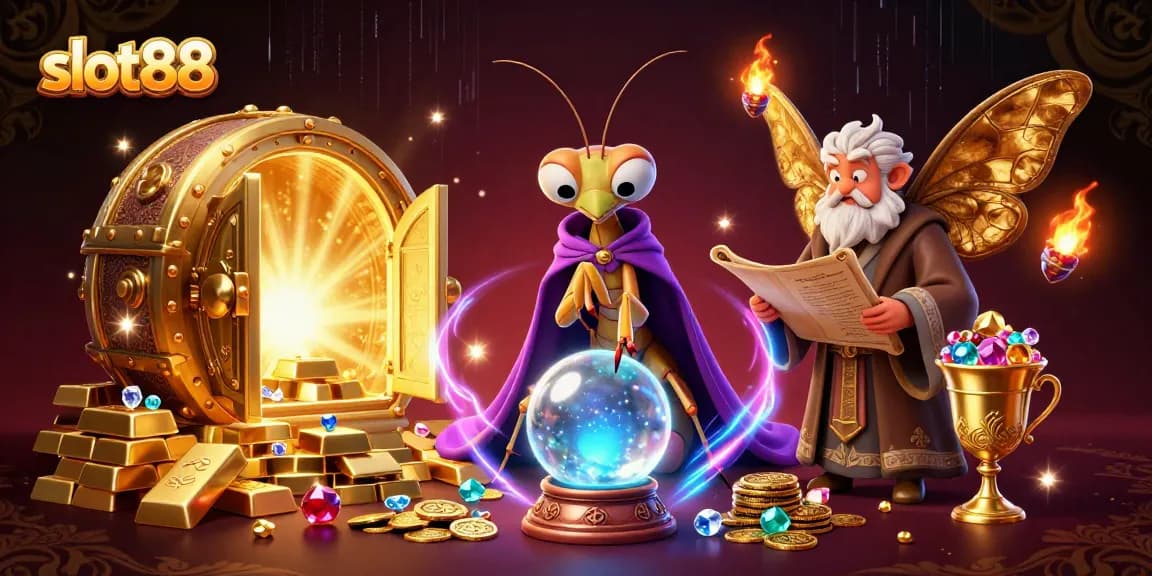 Slot88 mempersembahkan keberuntungan dengan simbol-simbol jackpot dan harta karun berkilauan.