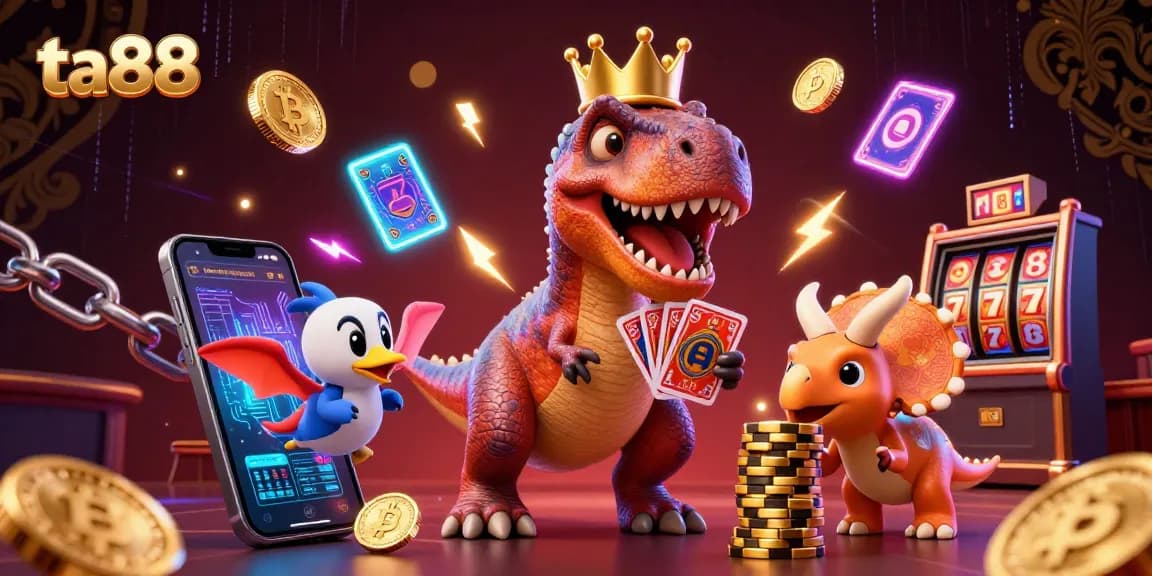 Engage in thrilling casino action with ta88 featuring a playful dinosaur dealer and digital crypto elements.