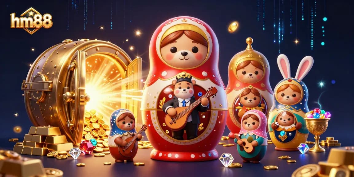 Experience vibrant winnings at hm88 with a 3D illustration featuring casino bears and golden treasures.