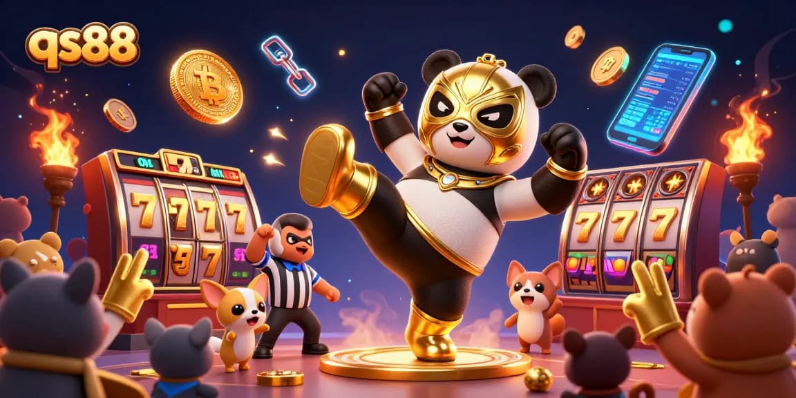 Experience thrilling slots with qs88 as a panda wrestler kicks for jackpots amidst cheering animal fans.
