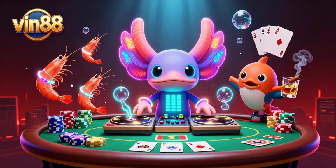 Join the action at vin88 with a neon-colored DJ, poker table, and lively underwater scene.