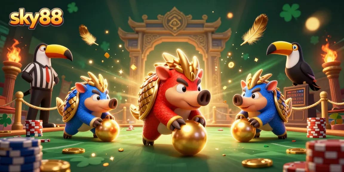 Engage with sky88's vibrant casino experience featuring pangolins in a dynamic gaming scene.