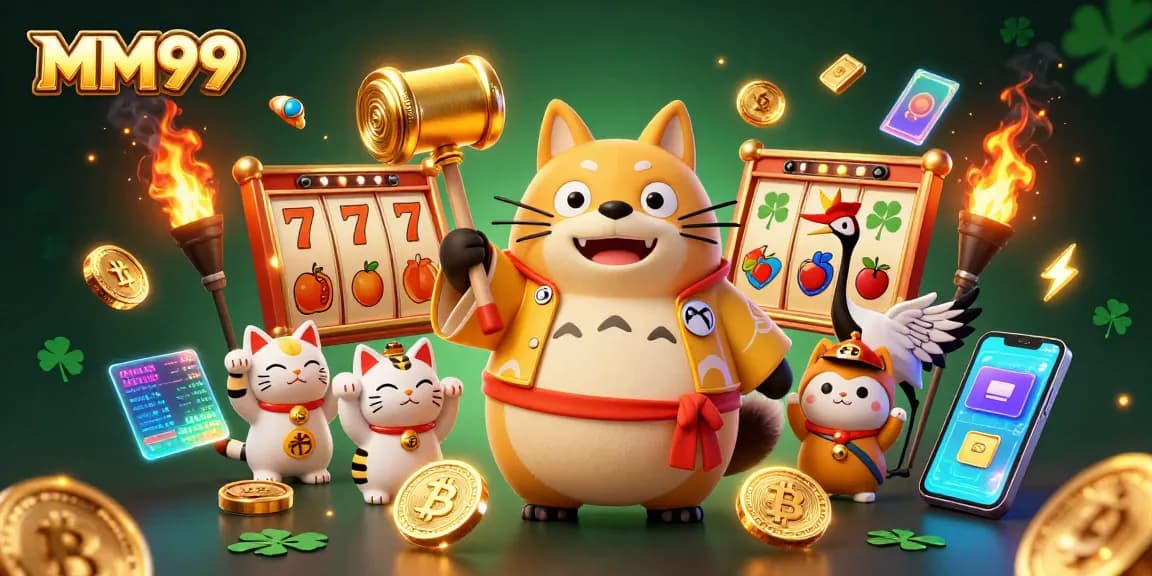 MM99 attracts players with a vibrant 3D casino scene featuring lucky symbols and characters.