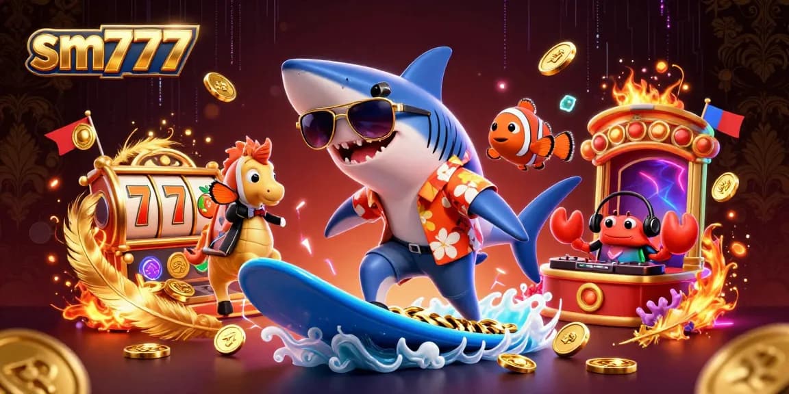 Spin with sm777: a shark surfing coins amidst vibrant casino elements for thrilling fun.