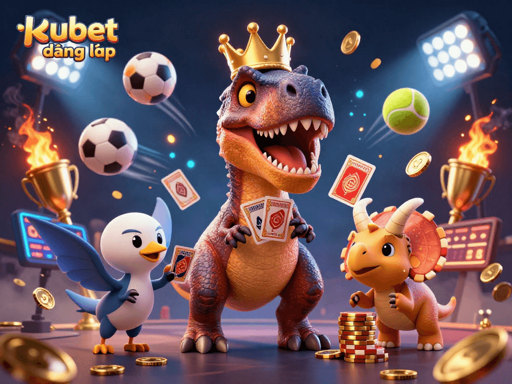 Experience kubet đăng nhập with friendly dinosaurs enjoying a lively gaming scene filled with sports elements.