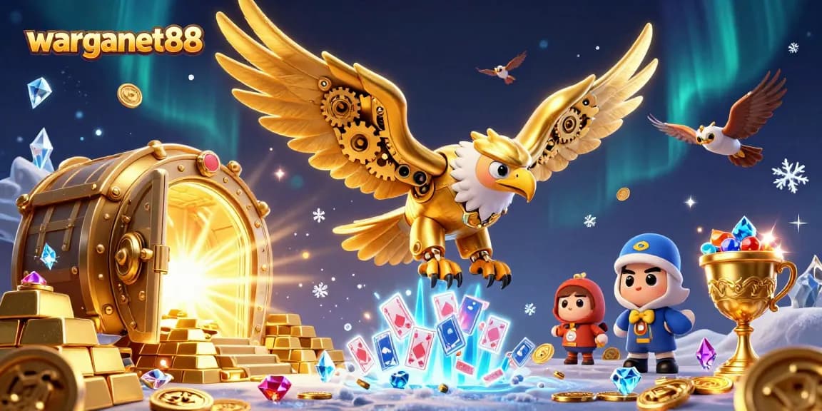 Engage with the vibrant world of warganet88 as a golden eagle navigates through a cascade of holographic playing cards.