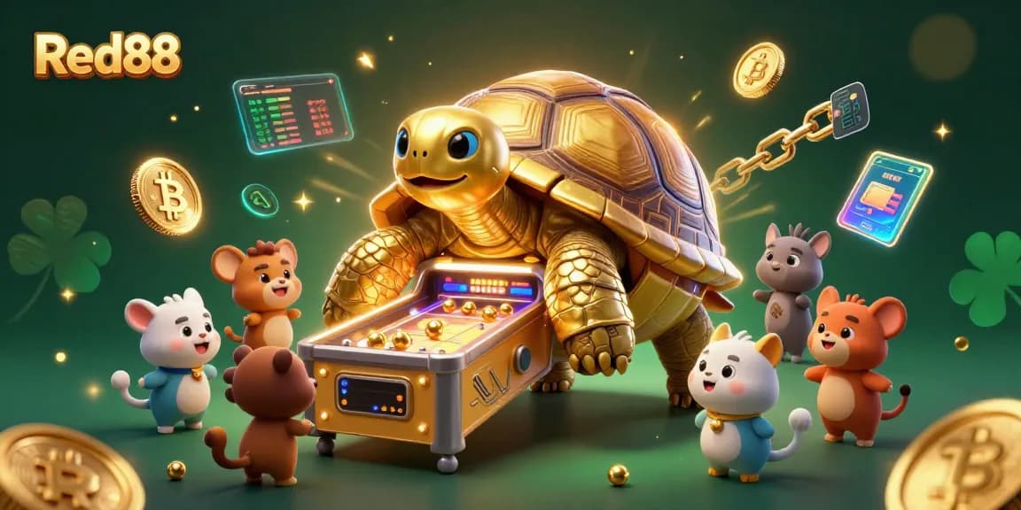 Engage with Red88's thrilling gaming experience through a vibrant, interactive 3D casino illustration.
