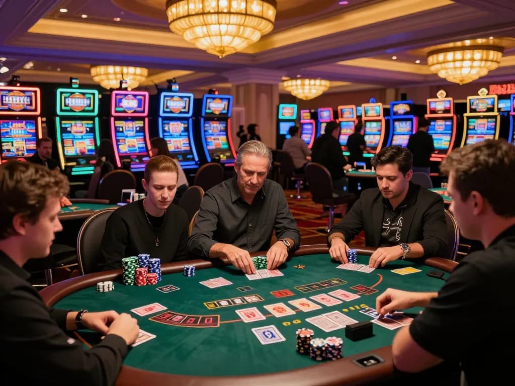 take2 blackjack players gathered around tables, engaging in strategic gameplay under vibrant casino lights