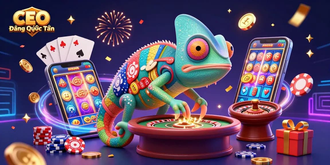 Experience the gaming world with CEO Đặng Quốc Tiến as a vibrant chameleon amidst casino delights.