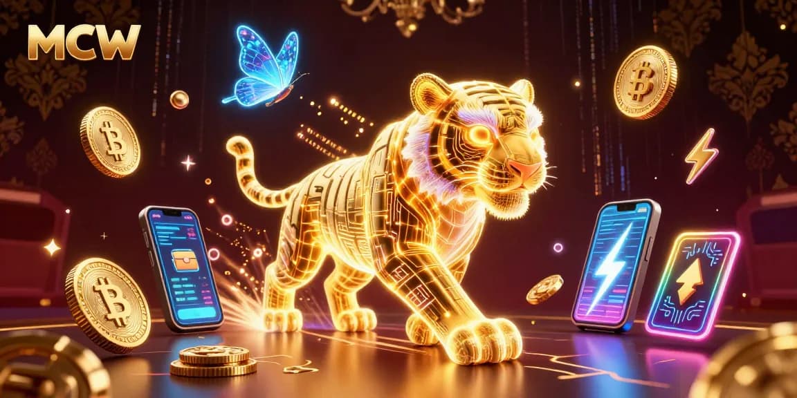 Engage in thrilling gameplay at MCW, featuring a dynamic scene with a golden tiger and holographic butterflies among vibrant crypto elements.