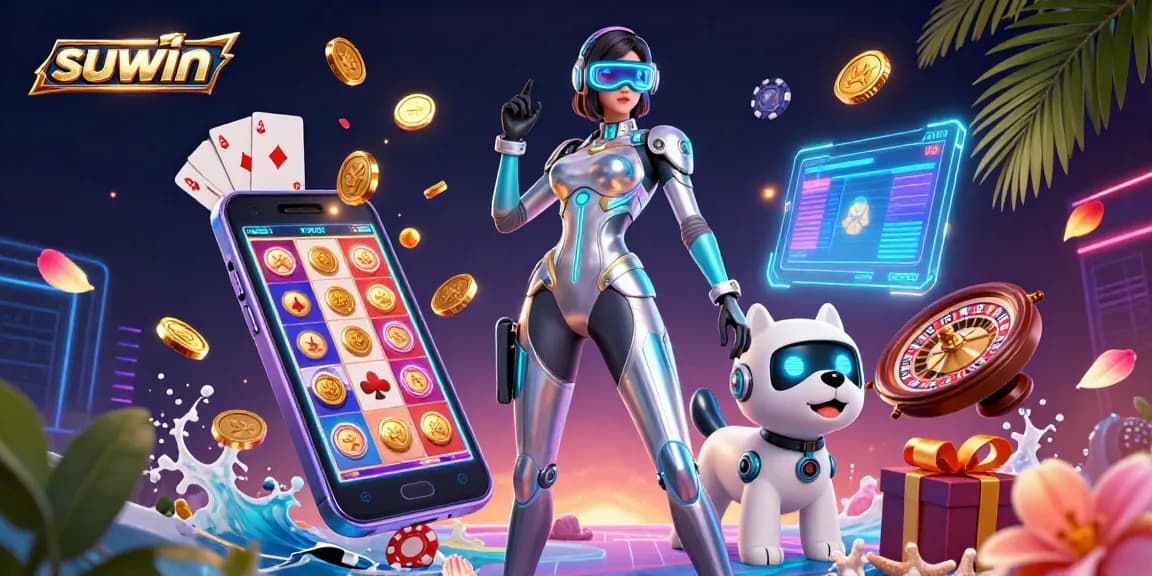 Suwin showcases vibrant casino action with a futuristic character amidst dynamic gaming elements, enhancing visual excitement.