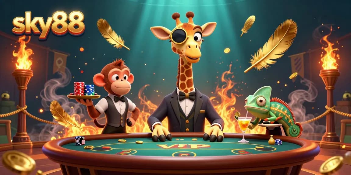 Experience sky88's vibrant casino scene with a high-roller giraffe, monkey valet, and chameleon bartender.