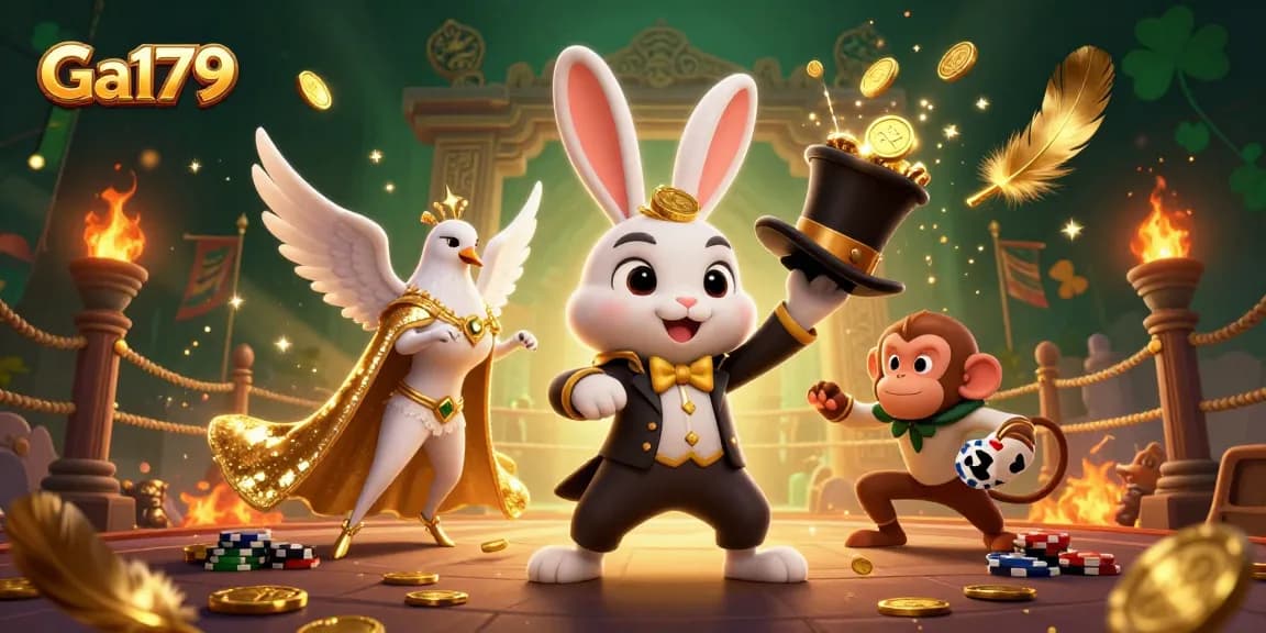 Experience the thrilling action of Ga179 as a magician rabbit conjures golden coins amidst a vibrant gambling scene.