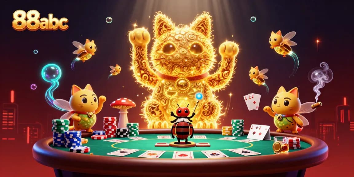 Players engage in exciting games at 88abc amidst vibrant casino elements and a lucky cat.