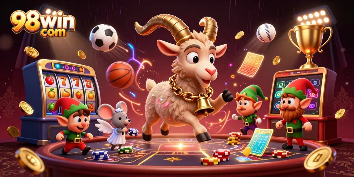 Experience thrilling action at 98win com with vibrant casino elements and whimsical characters.