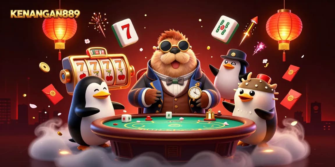 Play vibrant online slots at KENANGAN889 as a walrus, penguin, and pufferfish enjoy a dynamic gaming scene.