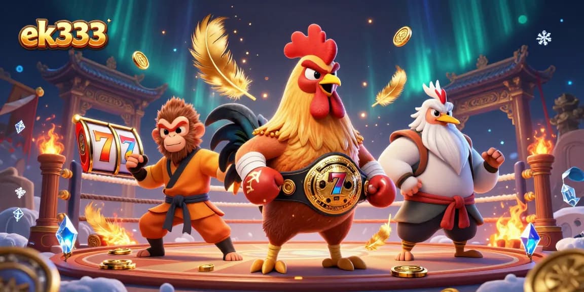 Engage with ek333's vibrant casino scene featuring a Muay Thai rooster and Shaolin monkey amidst slot game elements.