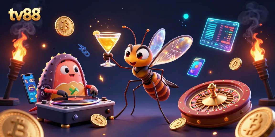 Engage with tv88's vibrant casino illustration showcasing animated gambling characters and crypto elements.