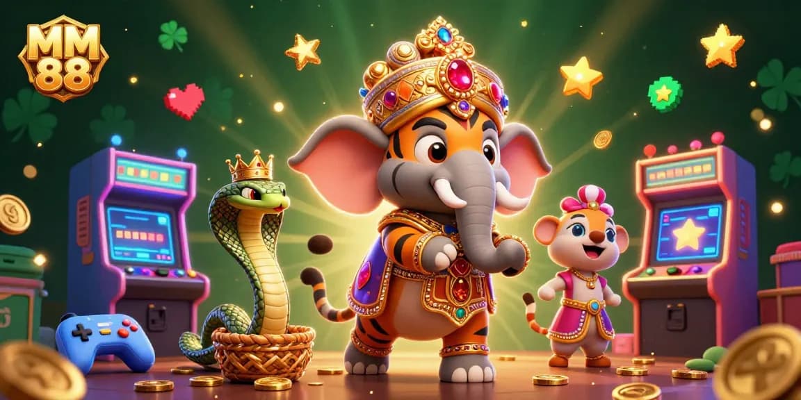 Engage with MM 88's immersive casino world featuring a maharaja tiger, jewel elephant, and a glowing gaming atmosphere.