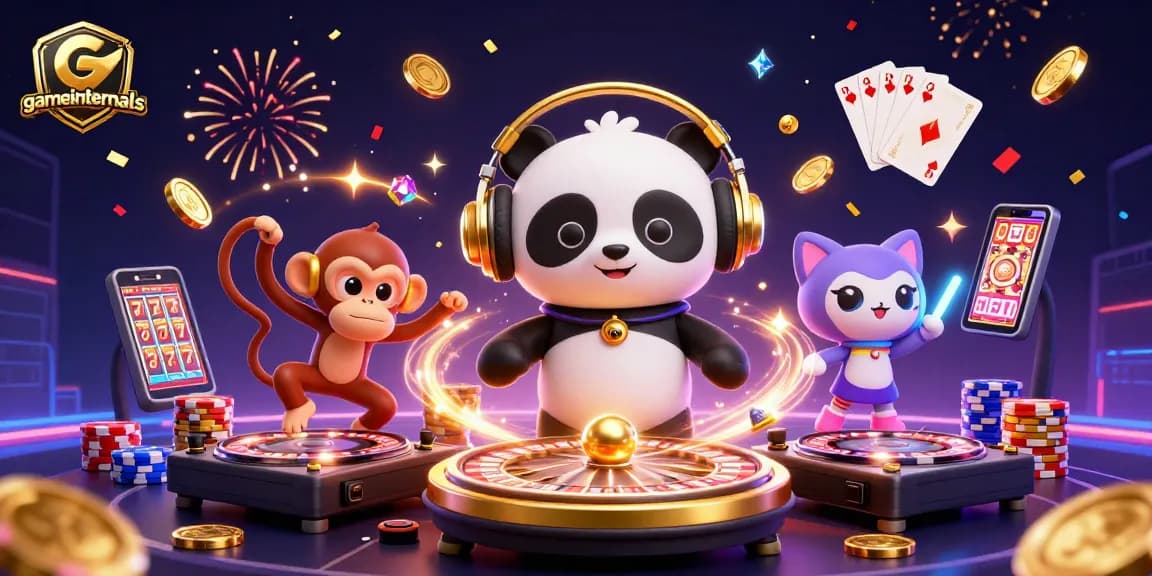 gameinternals highlights a festive casino scene with animated characters celebrating winnings and gameplay