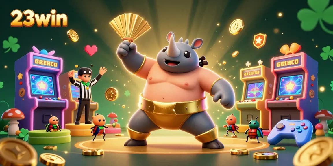 Engage with 23win's vibrant casino action featuring a beetle champion amidst colorful game elements.