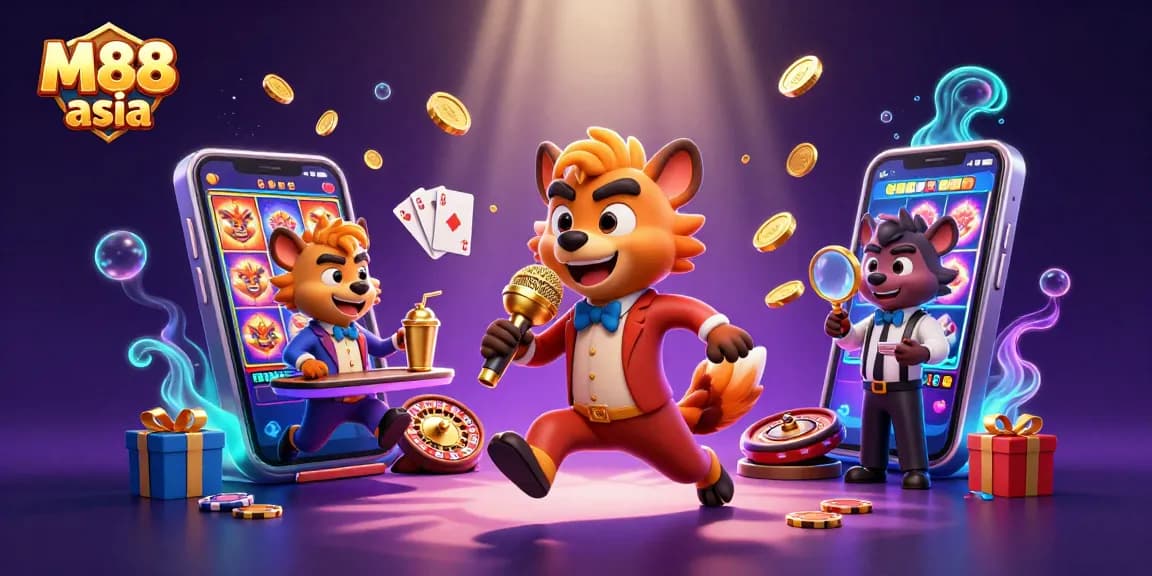 M88 asia hyenas entertain in a vibrant casino scene, showcasing slots and joker interactions.