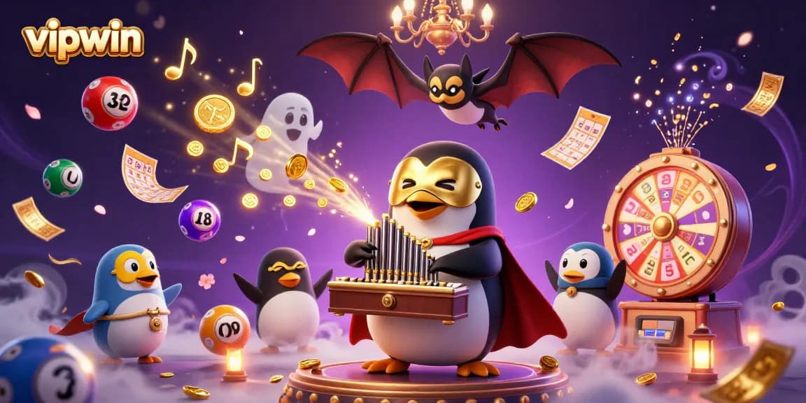 Experience vipwin's thrilling gaming world where a penguin plays for coins amidst vibrant lottery balls.
