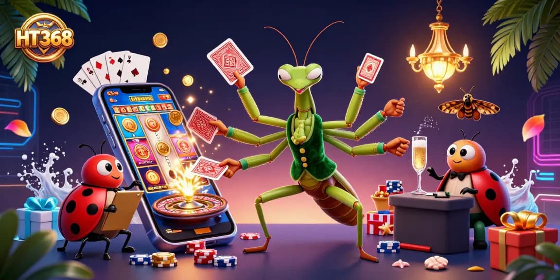 Experience the dynamic world of HT368 with vibrant casino action featuring a mantis card sharp and ladybug pit boss.