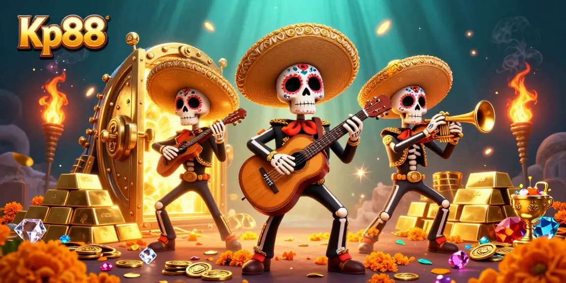 Experience winning at Kp88 with vibrant skeleton mariachi band and treasures in a captivating casino scene.