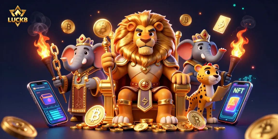 Join the excitement at LUCK8 with a fierce lion king and crypto symbols in a vibrant casino scene.
