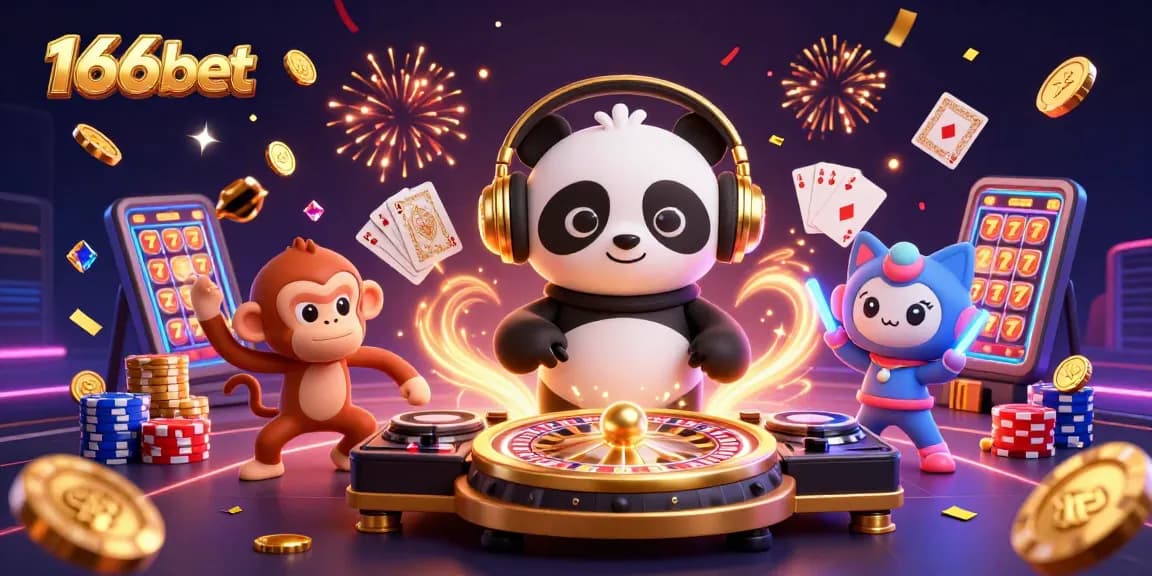 Engaging scene of 166bet with cartoon characters enjoying games and bonuses, showcasing an exciting casino atmosphere.