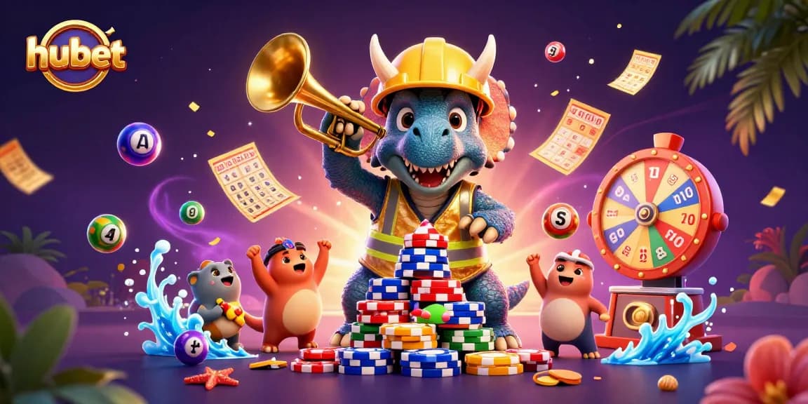 Engage with exciting gaming at hubet, featuring celebratory dinosaurs building poker chip stacks amidst vibrant lottery elements.