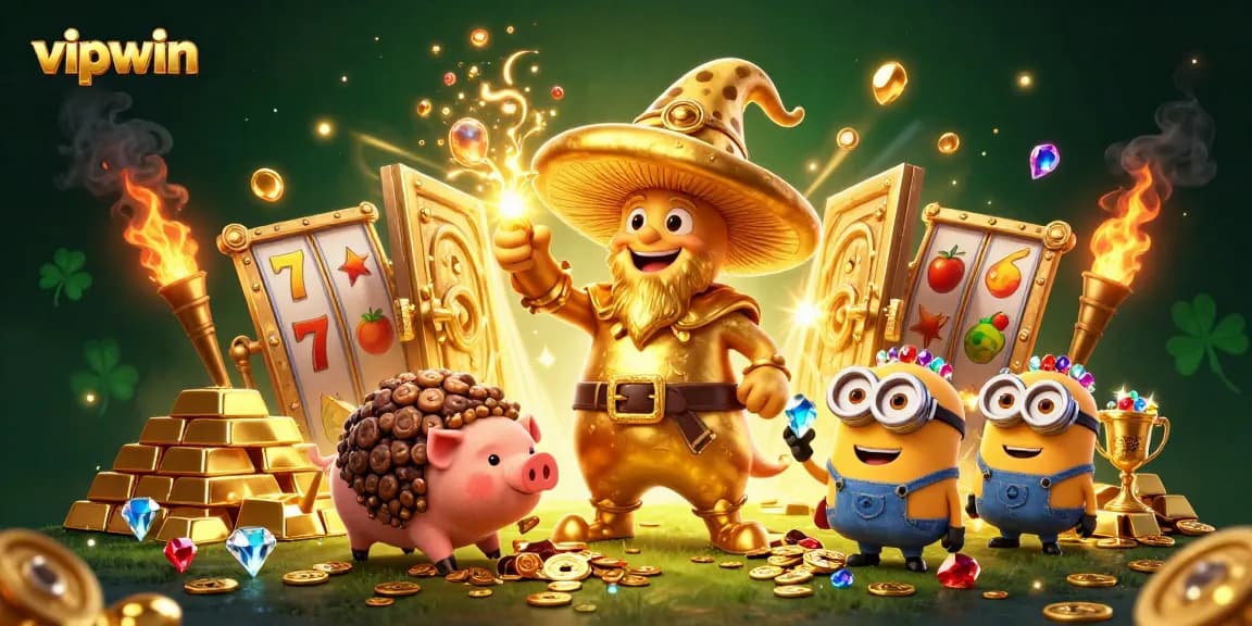 Experience the treasure-filled magic of vipwin in this vibrant 3D illustration featuring whimsical characters and casino elements.