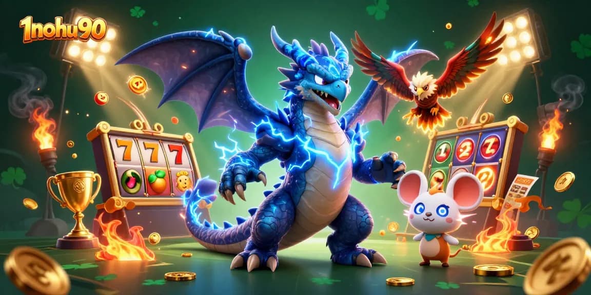 Experience thrilling slots with 1nohu90 showcasing a vibrant thunder dragon and energetic gaming elements.