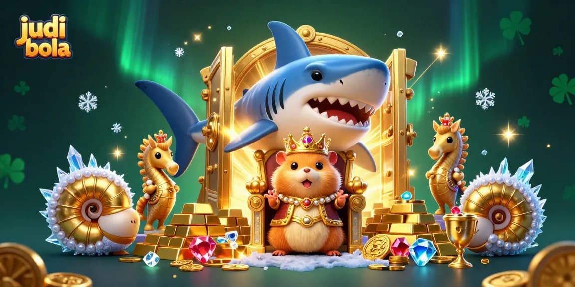 Bet on judi bola with our golden hamster king in a vibrant treasure-filled scene.