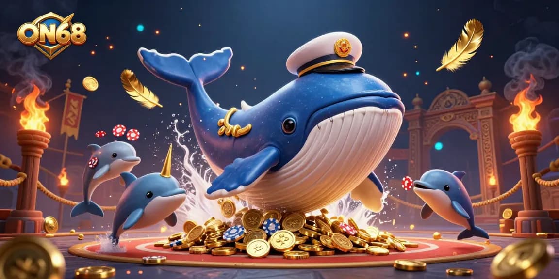 Engage with ON68's immersive casino scene featuring a playful whale and exciting gaming elements.