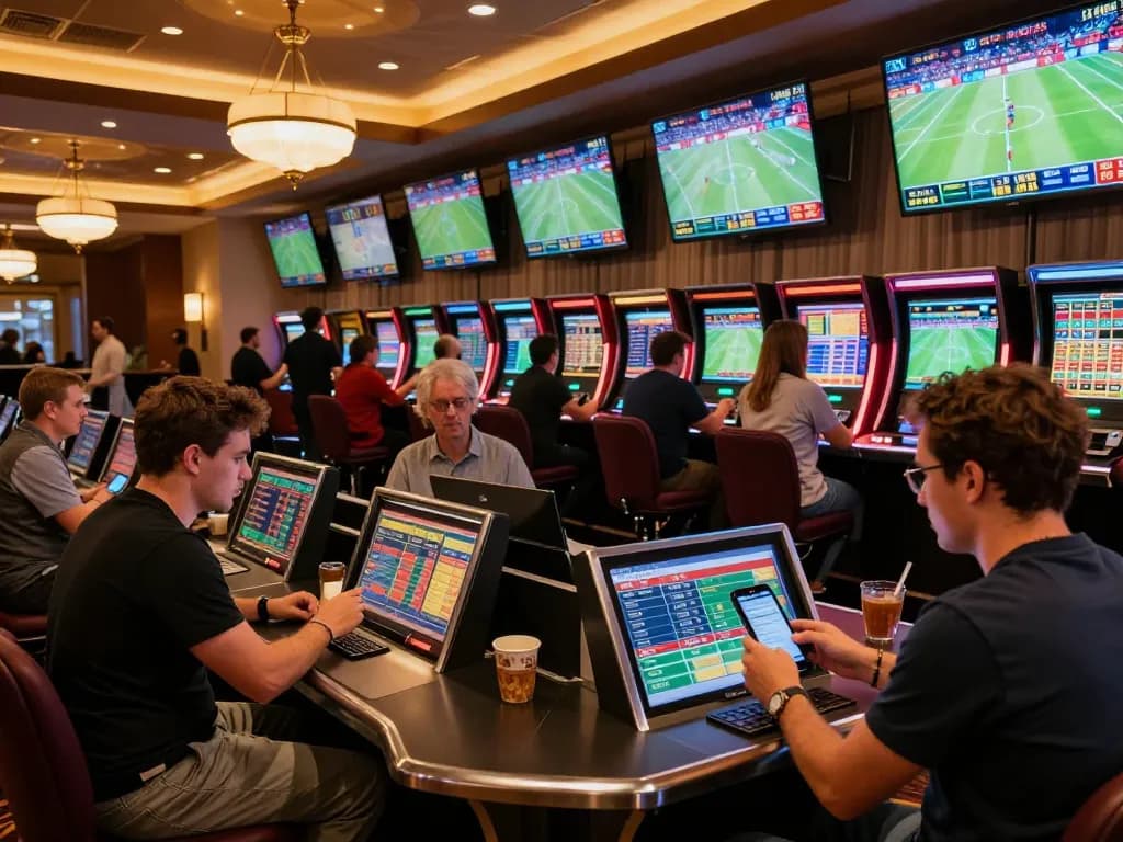 mb66 sports betting scene with engaged players analyzing live game stats and placing bets