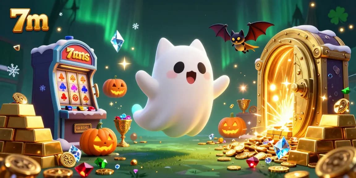 Engage in thrilling casino gaming with 7m’s ghostly characters in a vibrant haunted scene.