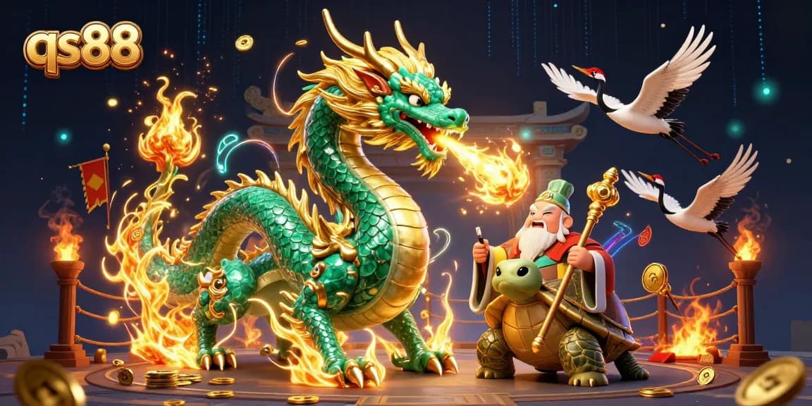 Engage in the thrilling world of qs88 with a vibrant 3D illustration of a jade dragon and lucky cranes amidst a dynamic casino scene.
