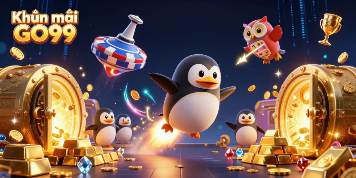 Engage with Khuyến mãi GO99 offering dynamic casino promotions featuring a golden penguin in space.