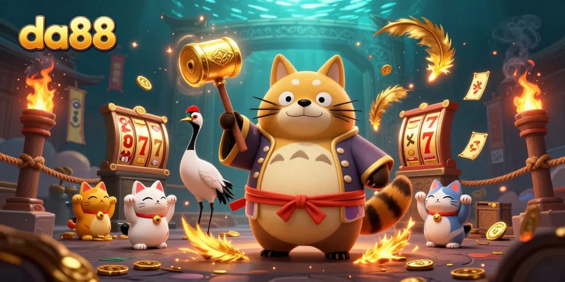 Experience the excitement of da88 slots with a vibrant 3D illustration featuring a cheerful tanuki and fortune cats.