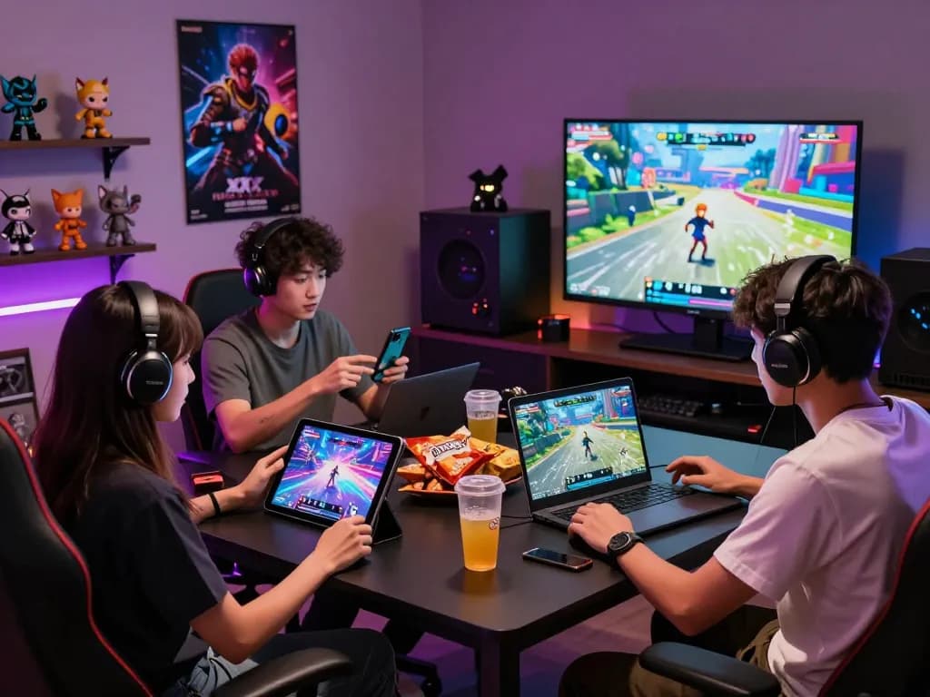 A group enjoying multiplayer xxx games together on various devices in a cozy gaming room.