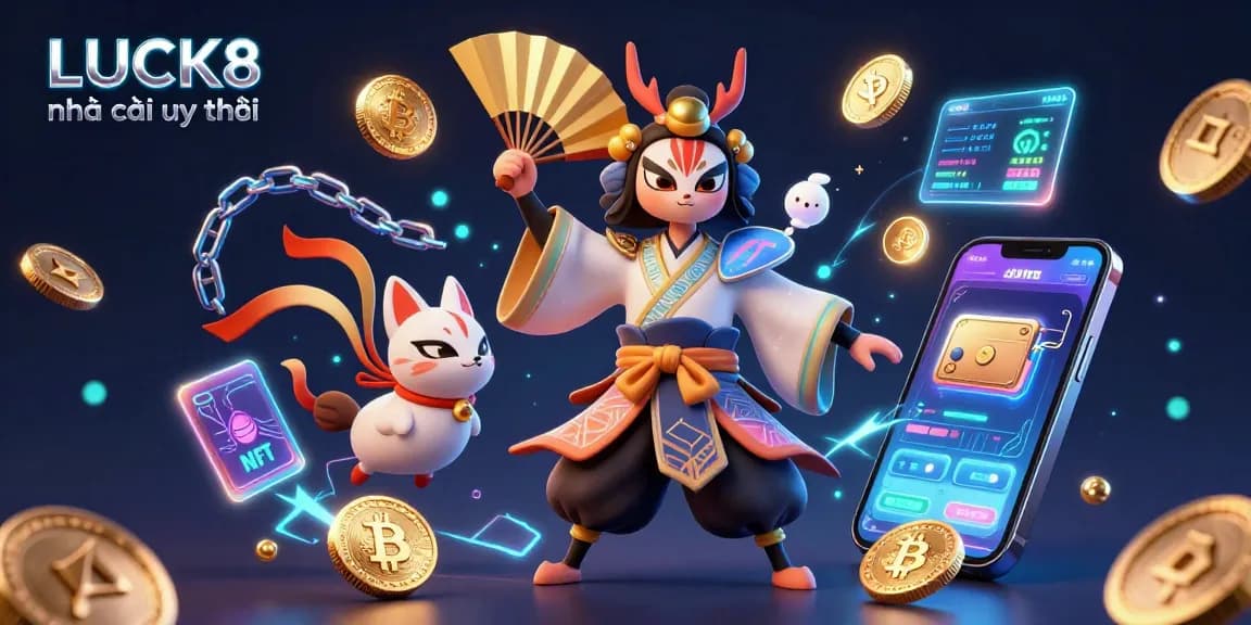 Engage with LUCK8 nhà cái uy tín through a vibrant 3D illustration showcasing gaming elements, kabuki warrior, and crypto features.